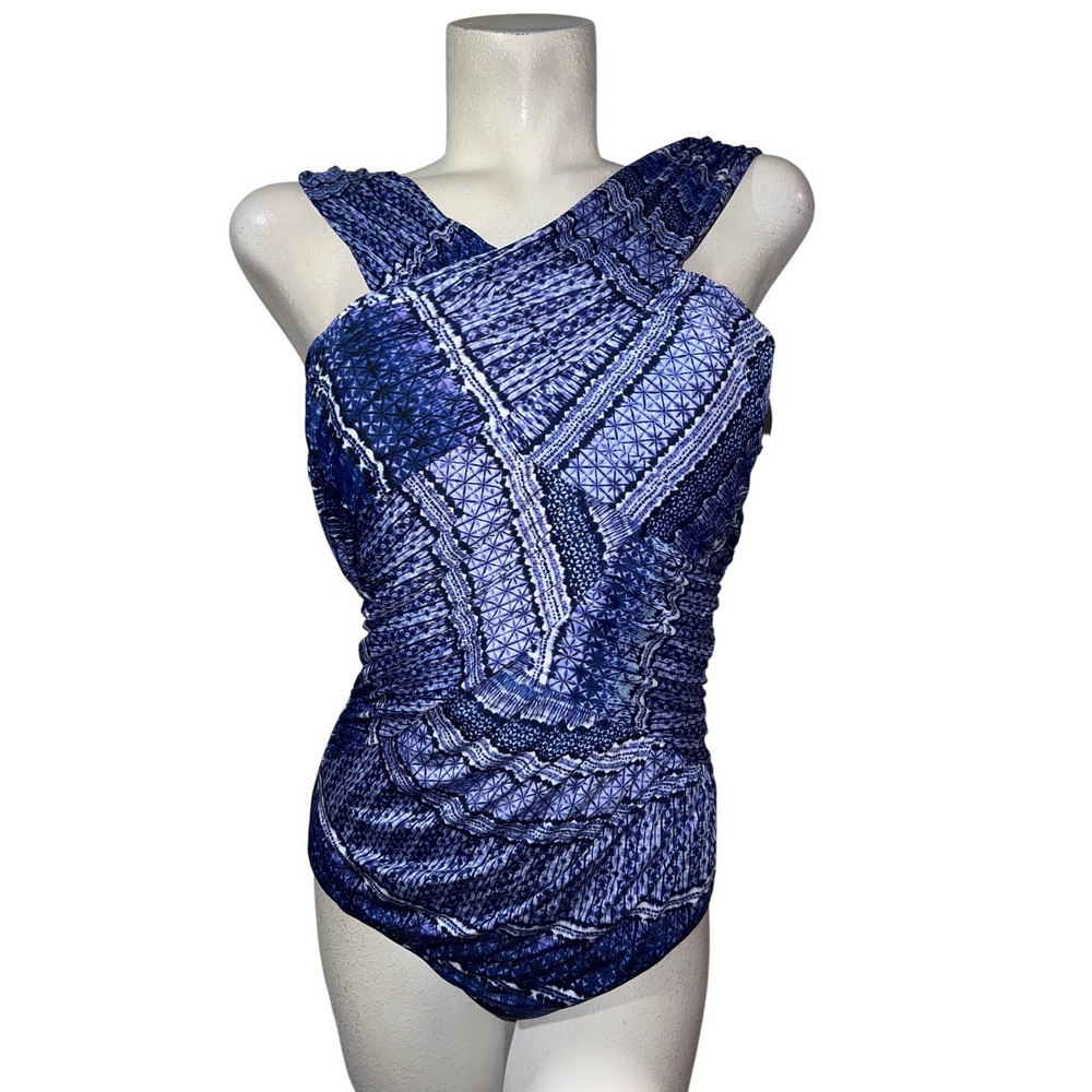Garnet Hill Blue Geometric Surplice Ruched One Piece Swimsuit Size 12 NEW